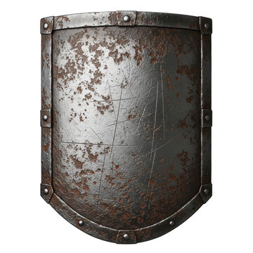 Old rusty metal medieval shield for defense isolated on transparent background