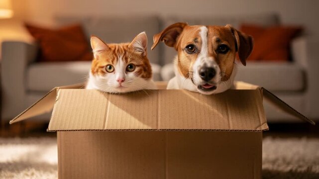 Cute cat and dog sitting together inside a cardboard box at home with cozy living room background