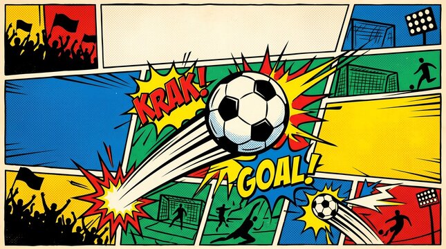A vibrant comic book panel depicts a soccer ball scoring a goal with a powerful kick, surrounded by explosive sound effects and cheering crowds.