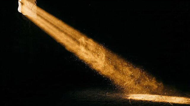 Dramatic golden light beam cuts through dark space, illuminating floating dust particles. Silent hope, deep mystery and peaceful atmosphere create spotlight glow filled with wonder