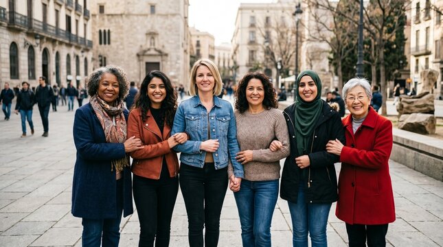 Diverse group of six women of different ages and ethnicities smiling and arm in arm on a city street