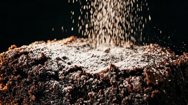 Close up baking process showing sweet cocoa chocolate cake dessert, dramatic dark light organic brown sugar powder dusting and joyful slow sprinkle action creating comforting textured feeling