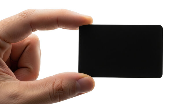 Hand holding a small blank black rectangular card isolated on transparent background