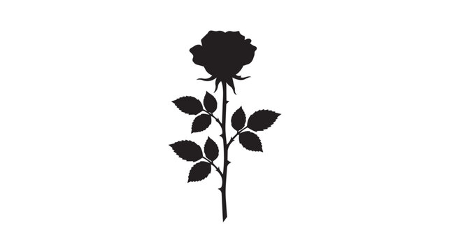 Black silhouette of a single rose flower with leaves