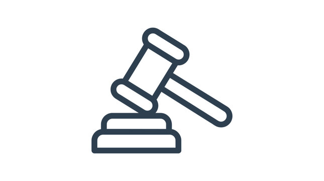 Minimalist dark blue legal gavel icon featuring clean thick lines representing justice and court systems isolated on a simple light grey background for professional design use