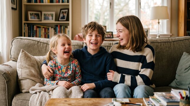 Three happy siblings laughing together on a couch in a cozy living room with bookshelves