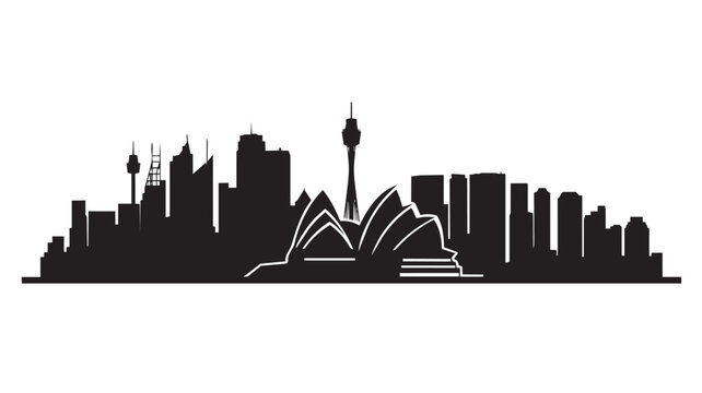 Black silhouette of sydney city skyline with famous buildings