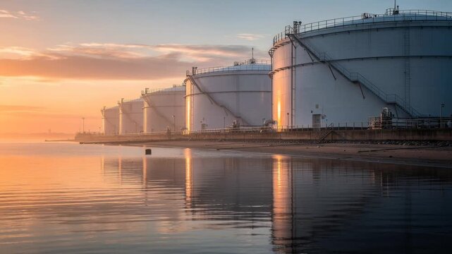 Large industrial oil storage tanks by calm water reflecting sunset sky with soft clouds