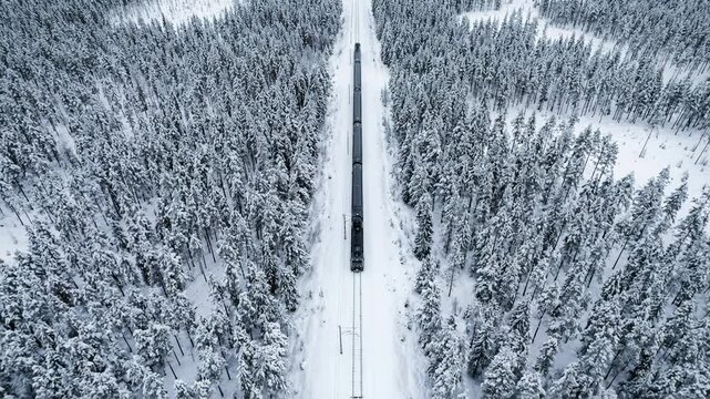 Drone aerial view of long black train traveling on straight railway track through cold winter forest landscape covered with deep snow, green pine trees evoking peaceful serene solitude