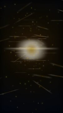 Abstract light burst featuring scattered binary code zeros and ones floating in dark space. Glowing lens flare, particles of data, cosmic stream of computer code.