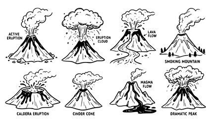 Fototapeta premium Hand drawn volcano eruption shapes lava flow details, doodle sketch collection, black ink vector illustration 