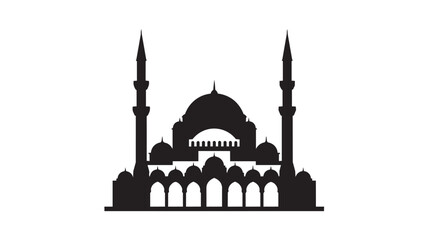 Black silhouette of a mosque with domes and tall minarets © rockbd
