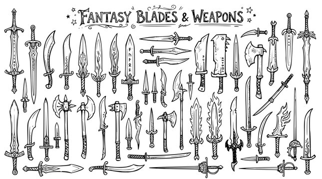 Hand drawn sword blade weapon shapes various fantasy styles, doodle sketch collection, black ink vector illustration
