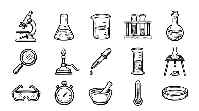 Hand drawn microscope science lab equipment icons beaker flask tube lens, black ink sketch vector illustration

