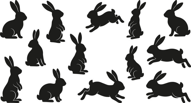 Rabbit silhouette vector icon set with running jumping and standing bunny poses for game assets