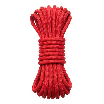 Coiled bright red nylon rope for camping and utility use isolated on transparent background