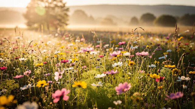 Sunlit wildflower meadow with colorful blooming flowers and green grass in early morning light