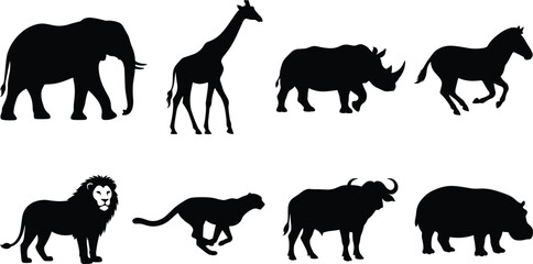 Fototapeta premium Set of African Wild Animal Silhouettes Including Elephant Giraffe Rhino Zebra Lion Cheetah Buffalo and Hippo