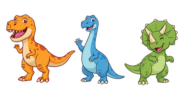 Three cute cartoon dinosaurs, a Tyrannosaurus Rex, a Brontosaurus, and a Triceratops, smiling and waving.