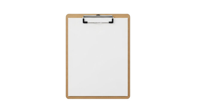 Wooden clipboard with a blank white paper sheet isolated on transparent background