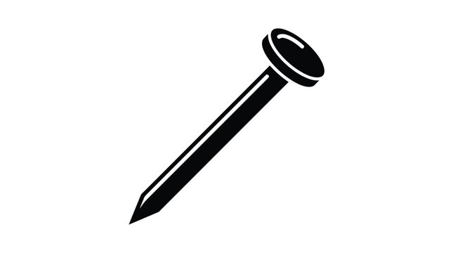 A sharp steel nail icon rendered in solid black silhouette style isolated on a white background for industrial construction design and various carpenter hardware work projects