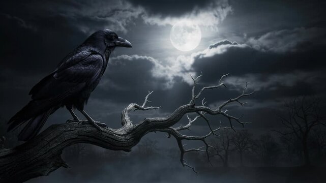 Dark raven perched on a twisted tree branch under a full moon in a spooky night forest