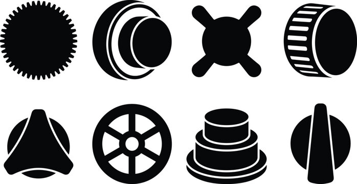 Set of black industrial control knobs, rotary dials, and mechanical interface buttons for machinery design