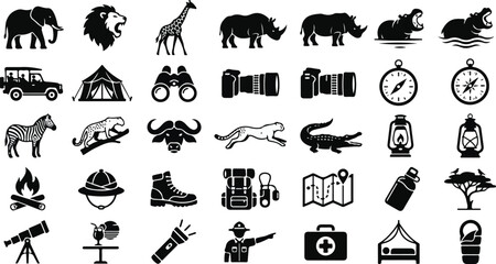 African safari adventure icons with wild animals and travel gear © Monochrome studio