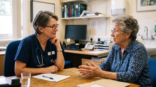 Doctor and elderly patient discussing health concerns in a consultation room