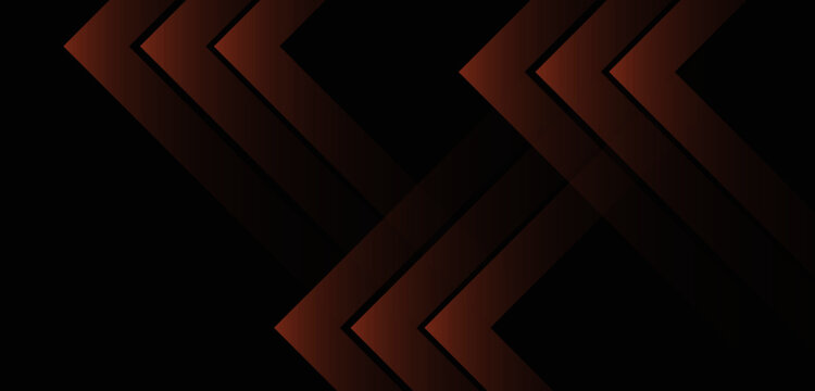 Futuristic dark black background with orange geometric arrows and layered 3D elements.