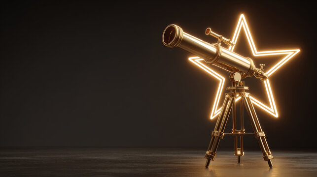Golden vintage telescope on a tripod with a glowing star neon light in the background against a dark studio floor, concept of astronomy, goal, vision and discovery