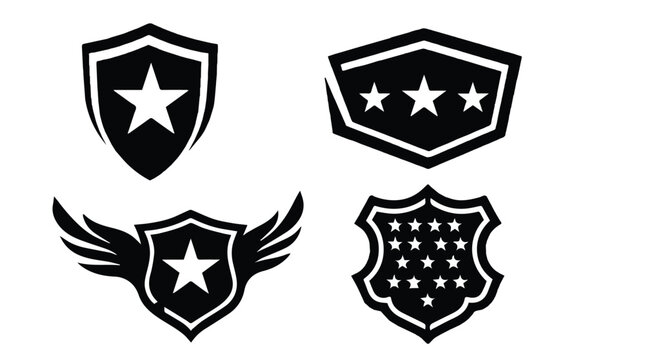 Collection of four military style shield logos with stars and wings