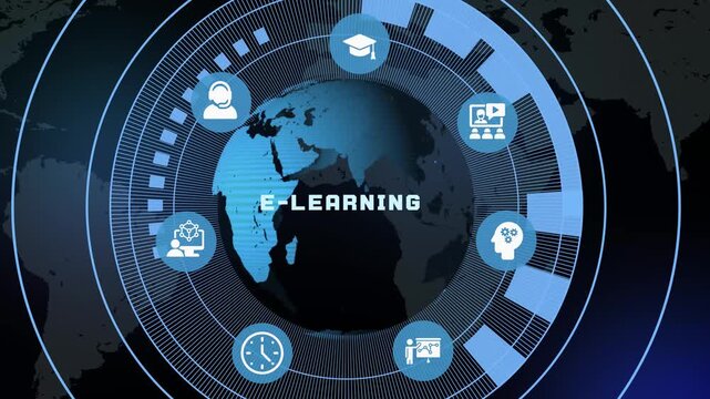 Virtual classroom ecosystem graphic detailing modern distance e-learning applications on a global scale.