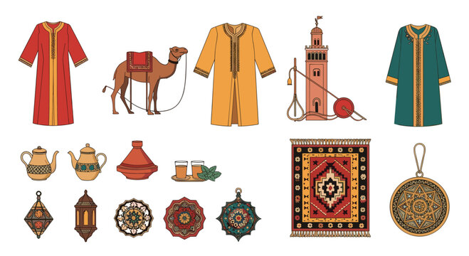 Collection of traditional moroccan and arabic items including colorful robes a camel desert architecture and lanterns.