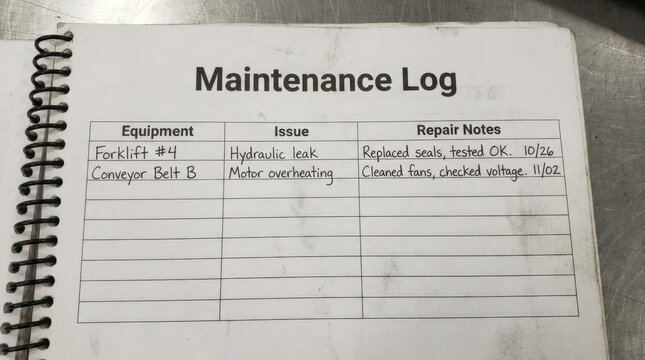 Spiral bound maintenance log notebook page with entries.