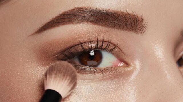 Close up of woman applying natural eyeshadow with makeup brush on eyelid for beauty look