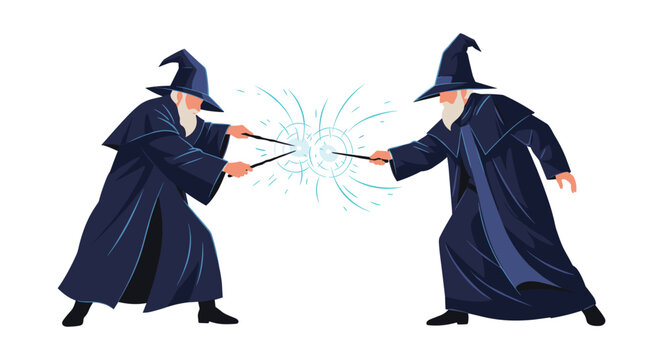 Two powerful wizards in dark blue robes and pointed hats engaging in a magical duel with glowing magic wands.