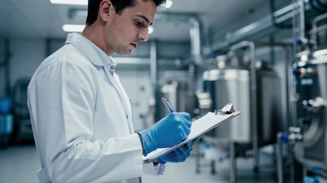 Scientist in laboratory coat taking notes in modern industrial lab with stainless steel equipment