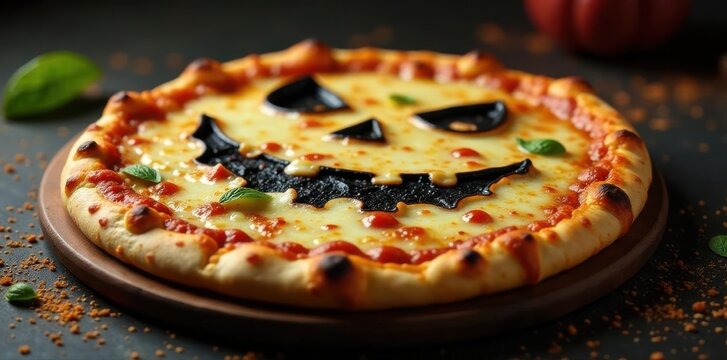 Ghoulish Halloween pizza with stringy cheese pull , autumnfood, stringycheese