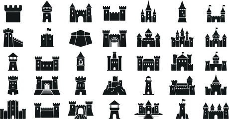 Medieval castle and fortress silhouette icons set © Monochrome studio
