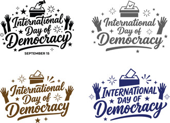 Obraz premium International Day of Democracy graphic with voting box and hands raised in celebration