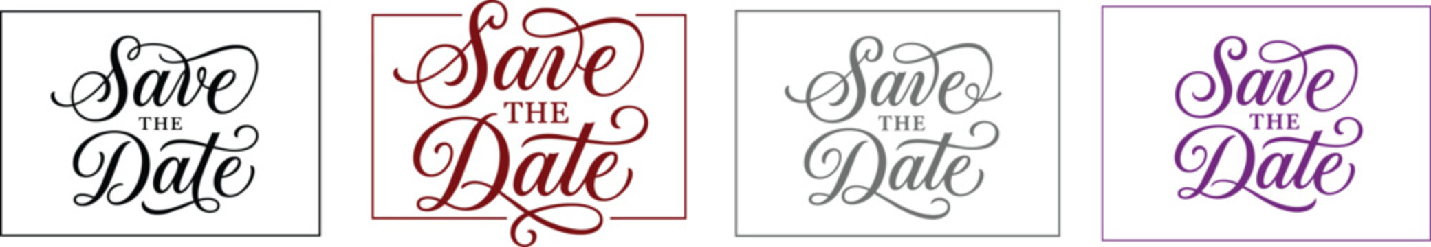 Elegant save the date typography in four distinct decorative frames for wedding invitations