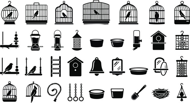 Pet bird care and cage equipment icon set