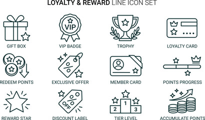 Fototapeta premium Customer loyalty and reward line icon set for membership programs and business marketing benefits