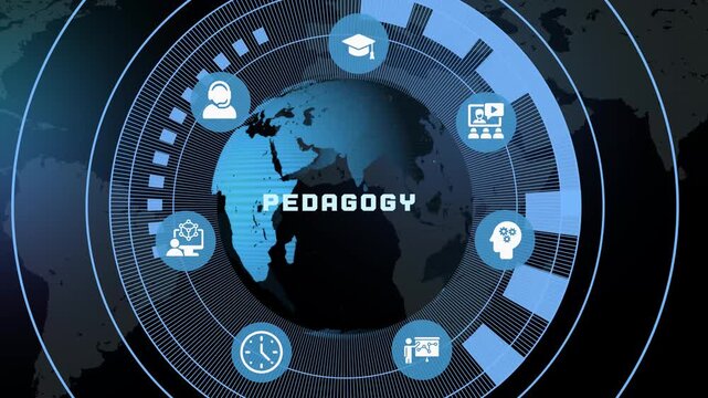 Academic instruction design display featuring pedagogy text with teaching methods and scientific learning icons.