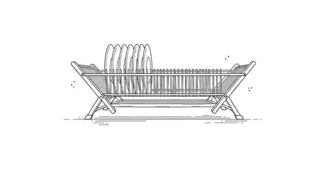 Wooden dish rack with stacked plates illustration.