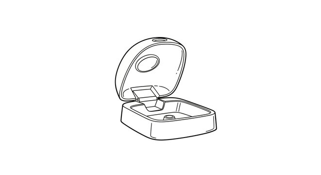 Open clamshell device with circular top and buttons.