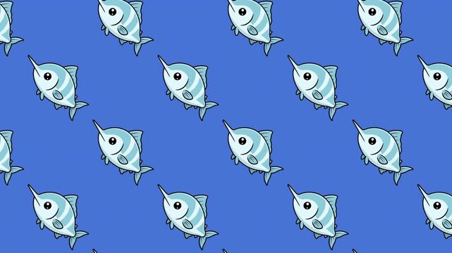 A pattern of cartoon blue fish with big eyes on a solid blue background.