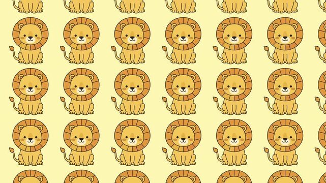 A repeating pattern of cute cartoon lions on a pale yellow background