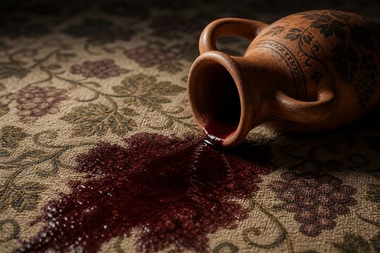 An overturned terracotta amphora spilling dark liquid onto a patterned carpet.